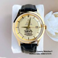 Đồng Hồ Nam Omega Thuyền Buồm Máy Cơ Tự Động Dây Da Đen Mặt Vàng Gold Size 40mm
