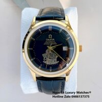Đồng Hồ Nam Omega Thuyền Buồm Máy Cơ Tự Động Dây Da Đen Mặt Đen Vỏ Gold Size 40mm