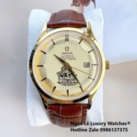 Đồng Hồ Nam Omega Thuyền Buồm Máy Cơ Tự Động Dây Da Nâu Mặt Vàng Gold Size 40mm
