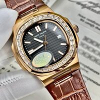 Đồng hồ Nam PaTe vuông măt đen vỏ vàng hồng 3kim vành đá vuông cơ automatic máy nhật size 40-41mm dây da