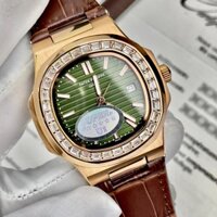 Đồng hồ Nam PaTe vuông măt xanh lá vỏ vàng hồng 3kim vành đá vuông cơ automatic máy nhật  size 40-41mm dây da