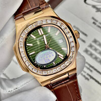 Đồng hồ Nam PaTe vuông măt xanh lá vỏ vàng hồng 3kim vành đá vuông cơ automatic máy nhật  size 40-41mm dây da