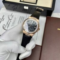 Đồng Hồ Nam #patek_philipp_mặt ĐEN dây DA Sapphire  Case 40mm Mặt 6 kim viền đá Máy Cơ Cót Tay Nhật