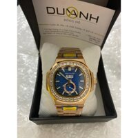 Đồng hồ Nam PT vuông vành đá vuông 5kim 1lich mặt xanh viền vàng máy nhật dòng cơ Automatic size 40mm dây kim loại