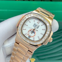 Đồng hồ Nam PT vuông vành đá vuông 5kim 1lich mặt trắng viền vàng máy nhật dòng cơ Automatic size 40mm dây kim loại