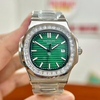 Đồng hồ Nam Ptx vuông 3 kim mặt xanh lá vành đá size 40mm cơ automatic dây kim loại vỏ trắng