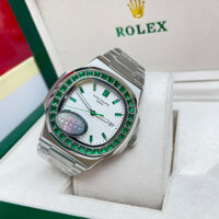 Đồng hồ Nam Ptx vuông 3 kim vành đá xanh lá size 40mm cơ automatic dây kim loại