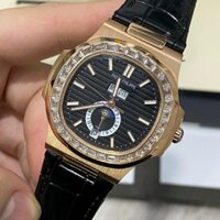 Đồng hồ Nam Ptx vuông vành đá vuông trăng sao mặt đen vỏ vàng dây da đenâu size 40-41mm có lịch date month, kim dạ quang