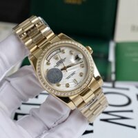 Đồng hồ Nam Rolex day date máy nhật dòng cơ Automatic mặt size 38mm số đá mặt khảm trai vành đá vàng gold