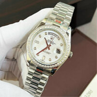Đồng Hồ Nam Rolex Day Date, Mặt Xà Cừ. Hai Lịch, Máy Cơ Nhật Bản, Mặt Ánh Xám, Viền Đá Swarovski Lấp Lánh, Thép 904L