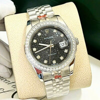 Đồng hồ nam Rolex kiểu mặt đen 3D viền đá dây thép trắng máy cơ Automatic size 36-40mm