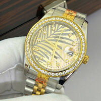 Đồng Hồ Nam Rolex, Mặt Lá Cọ, Viền Đá Swarovski Lấp Lánh, Dây Demi Vàng, Size 38/40mm, Kí Saphia, Viền Thép Không Rỉ