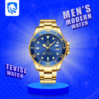 Đồng hồ nam Tevise T801 kiểu máy quartz japan, chống sốc, bền bỉ, mặt xanh, viền xanh, dây vàng, tặng hộp tăng pin.