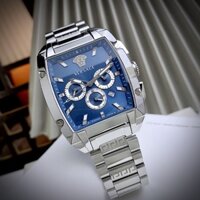 Đồng Hồ Nam Versace Dominus Máy Quartz (Pin) Kính Sapphiare Mặt Chữ Nhật  Siz 45 Dây Kim Loại Mặt Xanh Silver Full Box