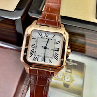 Đồng hồ Nam vuông CTier cơ automic máy nhật size 40mm dây da nâu mặt trắng vỏ vàng hồng