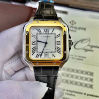 Đồng hồ Nam vuông CTier cơ automic máy nhật size 40mm dây da nâu mặt trắng vỏ trắng pha vàng gold