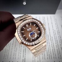 Đồng hồ Nam vuông trăng sao màu nâu vỏ vàng vành đá vuông size 40-41mm có lịch date month, kim dạ quang dây kim loại