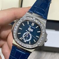 Đồng hồ Nam vuông vành đá vuông trăng sao màu xanh dây da size 40-41mm có lịch date month