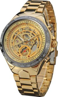 Đồng hồ nam Winner TM432 cơ lộ máy đính đá dây thép không gỉ - Fullbox chính hãng - Full Gold-Vàng