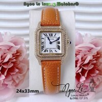 Đồng Hồ Nữ Cartier Santos De Dây Da Nâu Mặt Vuông Đính Đá Size 24x33mm Máy Pin Thụy - Vỏ Gold