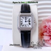 Đồng Hồ Nữ Cartier Santos De Dây Da Đen Mặt Vuông Đính Đá Size 24x33mm Máy Pin Thụy - Vỏ Silver