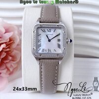 Đồng Hồ Nữ Cartier Santos De Dây Da Xám Mặt Vuông Đính Đá Size 24x33mm Máy Pin Thụy Sĩ