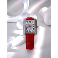Đồng Hồ Nữ Cartierrr Máy Quartz (Pin) Kính Crystal Mặt Chữ Nhật Siz 36mm Dây Da Đỏ