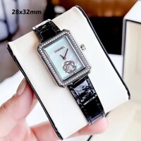 Đồng Hồ Nữ Chanel Dây Da Đen Mặt Vuông Viền Đá Khảm Xà Cừ Đính Hoa Size 28x32mm