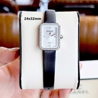Đồng Hồ Nữ Chanel Dây Da Lụa Đen Mặt Vuông Màu Trắng Xà Cừ Size 24x32mm Viền Đá