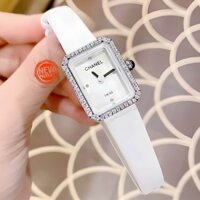 Đồng Hồ Nữ Chanel Dây Da Lụa Trắng Mặt Vuông Màu Trắng Xà Cừ Viền Đá Size 24x32mm Vỏ Silver