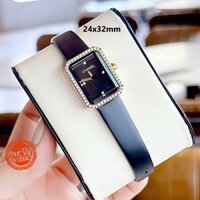 Đồng Hồ Nữ Chanel Dây Da Lụa Đen Mặt Vuông Màu Đen Viền Đá Size 24x32mm Vỏ Gold