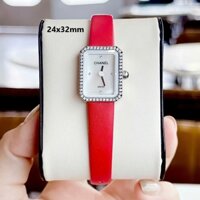 Đồng Hồ Nữ Chanel Dây Da Lụa Đỏ Mặt Vuông Màu Trắng Xà Cừ Size 24x32mm Viền Đá