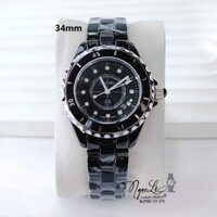 Đồng Hồ Nữ Chanel J12 Dây Đá Ceramic Đen Viền Kim Loại Size 34mm - Mặt Đính 12 Viên Đá