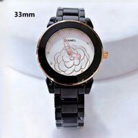 Đồng Hồ Nữ Chanel J12 Dây Đá Ceramic Đen Mặt Hoa 3D Viền Rose Size 33mm