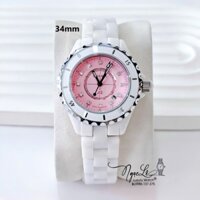 Đồng Hồ Nữ Chanel J12 Dây Đá Ceramic Trắng Mặt Hồng Pastel Size 34mm - Mặt Đính 12 Viên Đá
