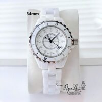 Đồng Hồ Nữ Chanel J12 Dây Đá Ceramic Trắng Viền Kim Loại Size 34mm - Mặt Đính 12 Viên Đá