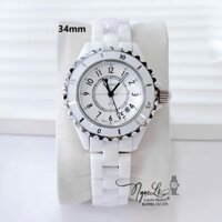 Đồng Hồ Nữ Chanel J12 Dây Đá Ceramic Trắng Viền Kim Loại Size 34mm - Mặt Đính Số