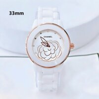 Đồng Hồ Nữ Chanel J12 Dây Đá Ceramic Trắng Mặt Hoa 3D Viền Rose Size 33mm