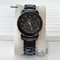 Đồng Hồ Nữ Chanel J12 Dây Đá Ceramic Đen Mặt Hoa 3D Viền Rose Size 33mm