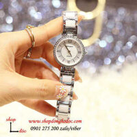 Đồng hồ nữ dây đá Caremic bạc mặt tròn đính đá trắng thời trang ĐHĐ28402