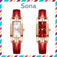 Đồng hồ nữ dây da mặt vuông thông minh đeo tay đẹp giá rẻ D4 gắn đá chống nước 1atm