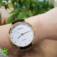 đồng hồ nữ đẹp, 😍Freeship đơn 150K🎁Đồng Hồ Đôi Nam Nữ Dây Da đen mặt ngọc Chính Hãng Halei