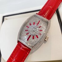 Đồng hồ Nữ Franck Muller mặt kín đá cao cấp chạy pin máy Nhật size 34mm dây da đỏ
