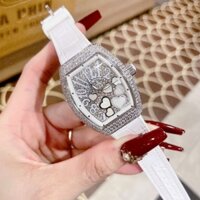 Đồng Hồ Nữ Franck Muller Vanguard V32 Mặt Full Đá Máy Nhat Quartz (Pin) Dây Cao Su Bọc Da Trắng FullBox