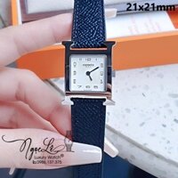 Đồng Hồ Nữ Hermes H Hour Dây Da Màu Đen Vỏ Bạc Silver Size 21x21mm