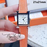 Đồng Hồ Nữ Hermes H Hour Dây Da Màu Cam Vỏ Bạc Silver Size 21x21mm