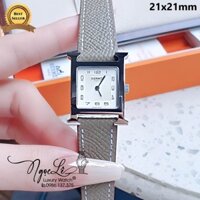 Đồng Hồ Nữ Hermes H Hour Dây Da Màu Xám Vỏ Bạc Silver Size 21x21mm