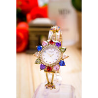 Đồng Hồ Nữ Julius Star Hàn Quốc JS021 Mặt Hoa ĐÍnh Đá Swarovski - Dây Kim Loại Dạng Lắc Tay Dịu Dàng Thanh Lịch - Vàng