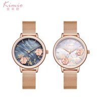 Đồng hồ nữ Kimio 6381 mặt tròn hoạ tiết hoa nổi 3D thời trang dây thép chống nước