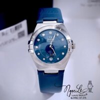 Đồng Hồ Nữ Omega Constellation Dây Da Xanh Dương Vỏ Silver Niềng Trơn Size 34mm - Quartz Japan